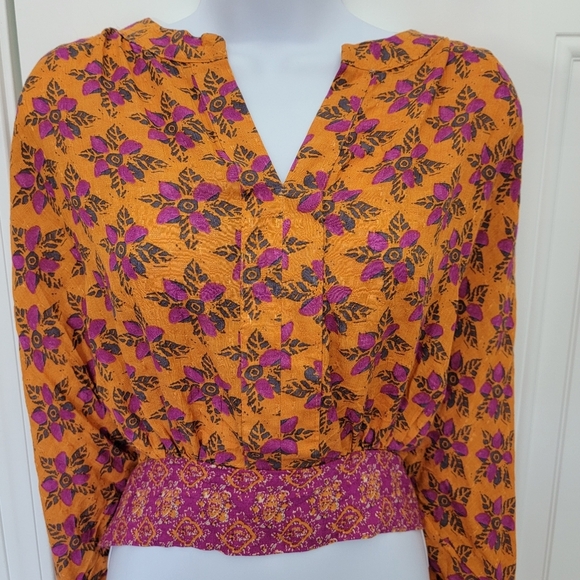 NWOT Rachel Roy Orange Purple Cropped Ruched Waist Tie Long Sleeve Blouse M - Picture 6 of 10